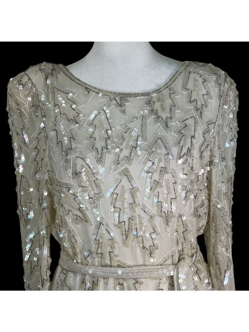 Vintage 80s Silk Sequin Beaded LWD Cocktail Bridal Wedding MOB Midi Dress M - Picture 4 of 16